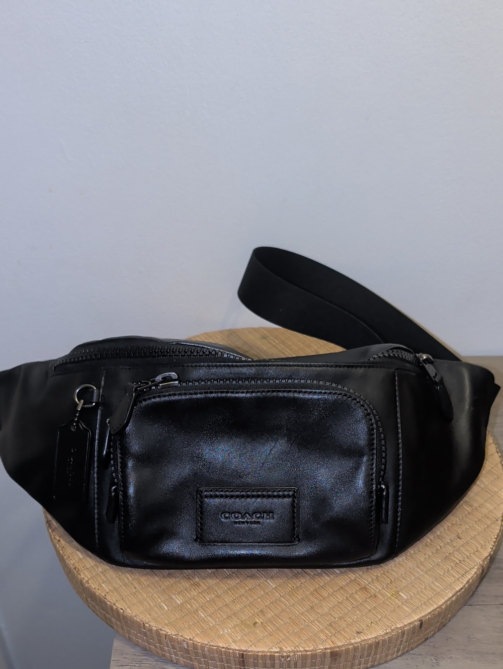 Coach Black Leather Belt Bag with Front Zip Pocket